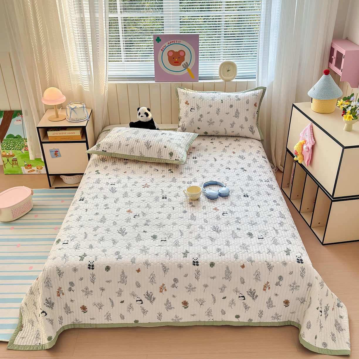 91家纺网 家纺一手货源 找家纺 美优兰 2026新款双面全棉高温砂洗床盖三件套 熊猫日记