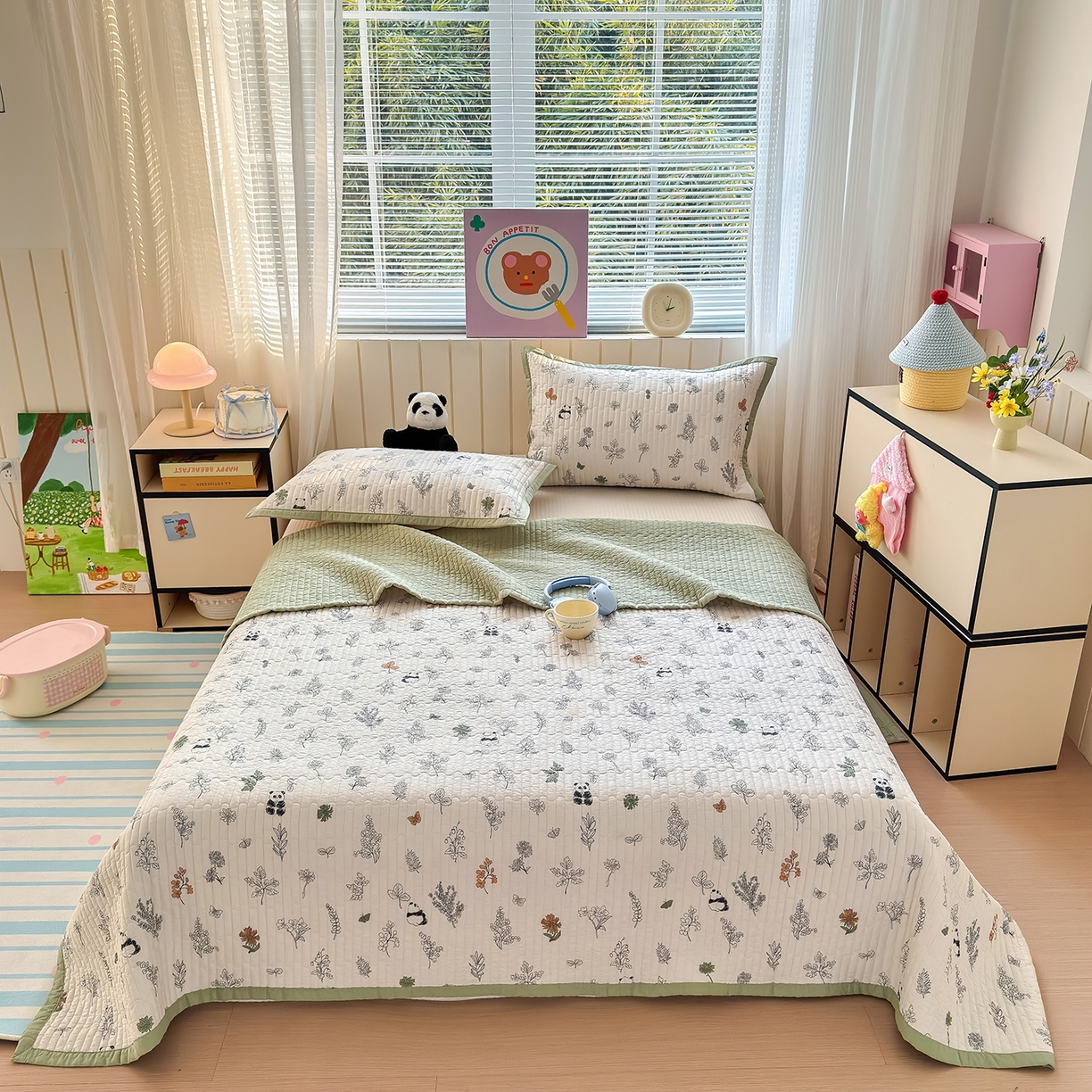 91家纺网 家纺一手货源 找家纺 美优兰 2026新款双面全棉高温砂洗床盖三件套 熊猫日记