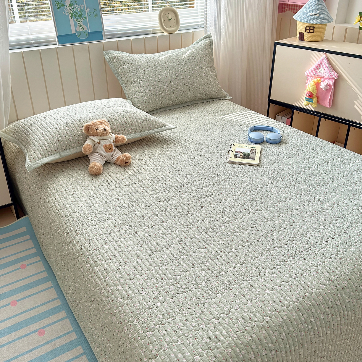 91家纺网 家纺一手货源 找家纺 美优兰 2026新款双面全棉高温砂洗床盖三件套 夕颜绿