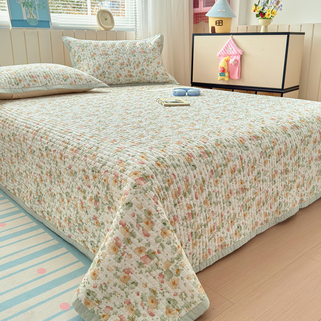 91家纺网 家纺一手货源 找家纺 美优兰 2026新款双面全棉高温砂洗床盖三件套 繁花似锦