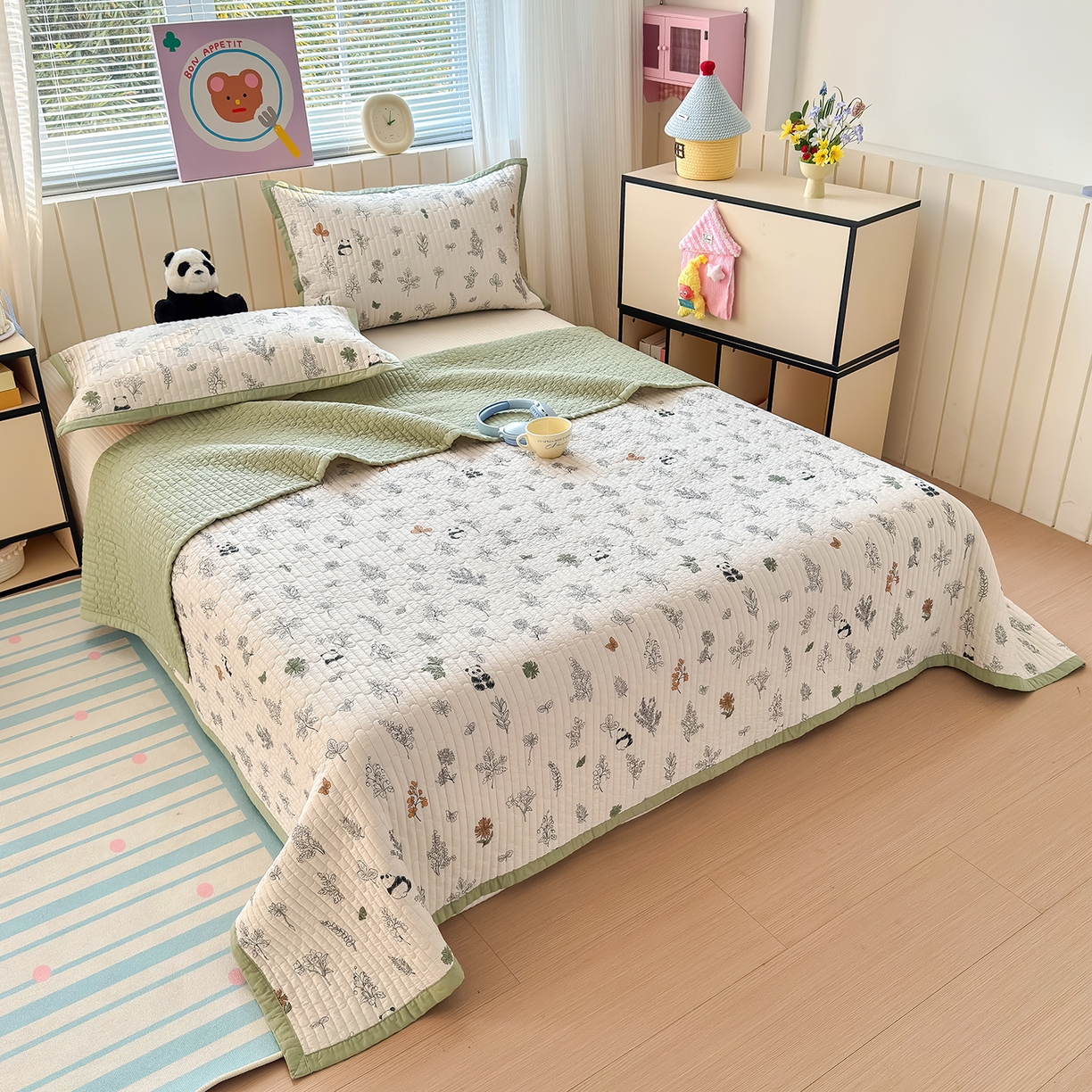 91家纺网 家纺一手货源 找家纺 美优兰 2026新款双面全棉高温砂洗床盖三件套 熊猫日记