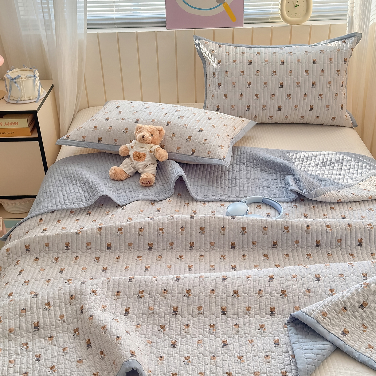 91家纺网 家纺一手货源 找家纺 美优兰 2026新款双面全棉高温砂洗床盖三件套 蓝色熊仔