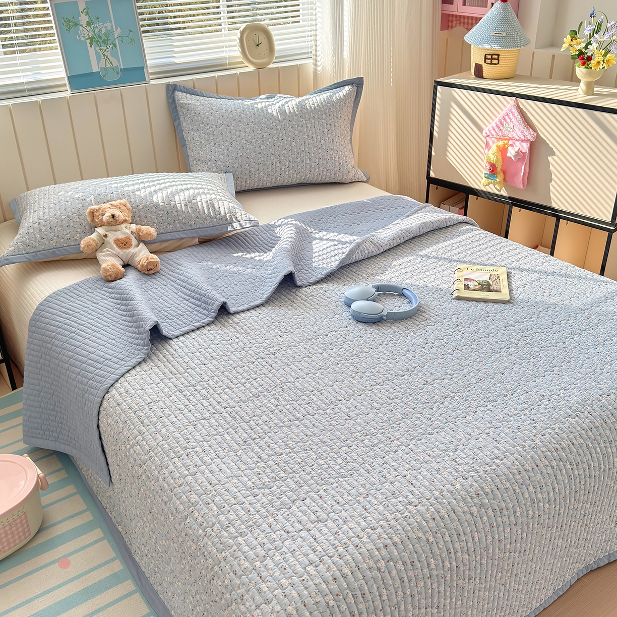 91家纺网 家纺一手货源 找家纺 美优兰 2026新款双面全棉高温砂洗床盖三件套 夕颜蓝