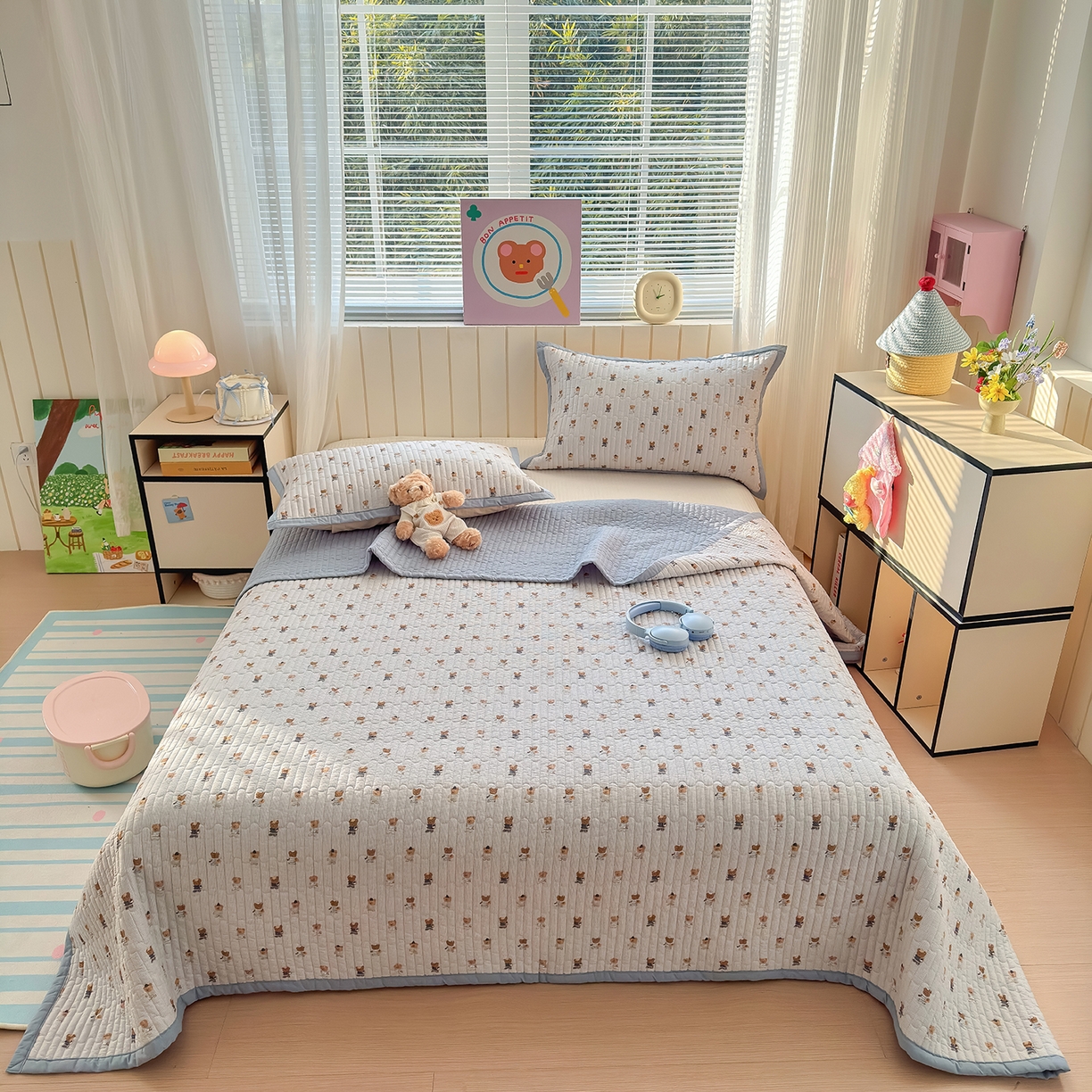 91家纺网 家纺一手货源 找家纺 美优兰 2026新款双面全棉高温砂洗床盖三件套 蓝色熊仔