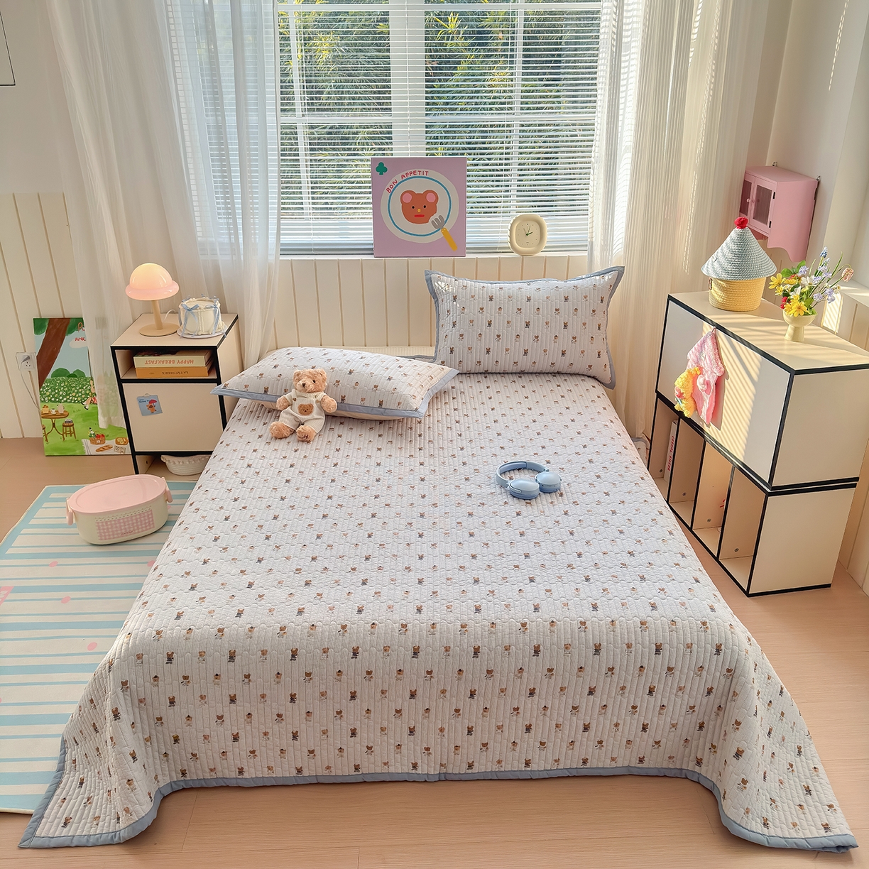 91家纺网 家纺一手货源 找家纺 美优兰 2026新款双面全棉高温砂洗床盖三件套 蓝色熊仔