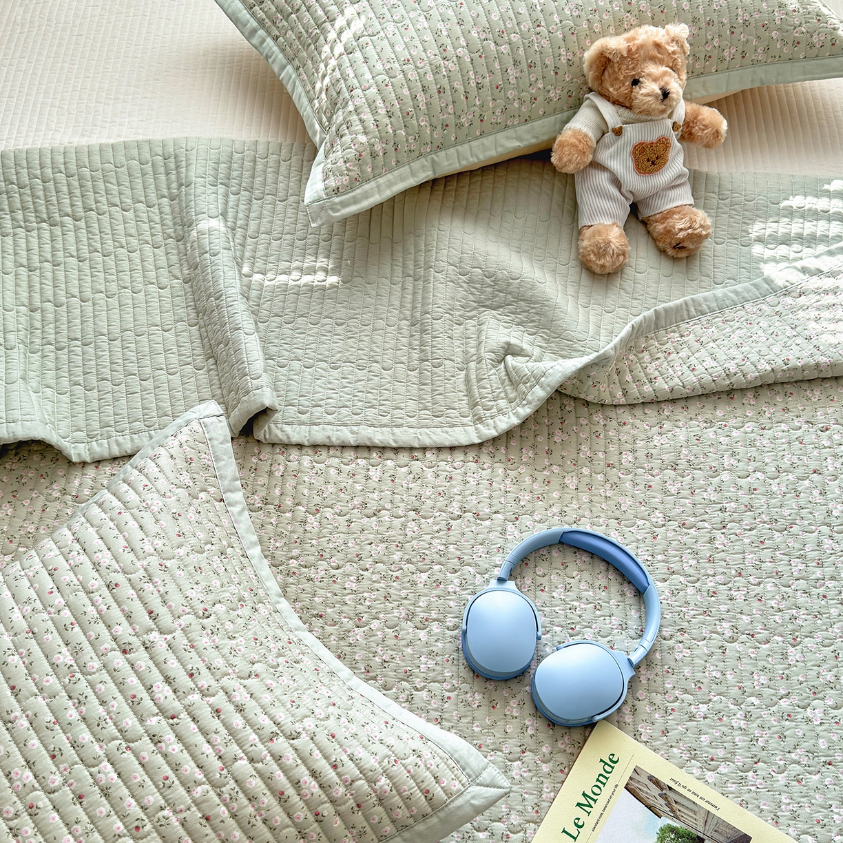 91家纺网 家纺一手货源 找家纺 美优兰 2026新款双面全棉高温砂洗床盖三件套 夕颜绿