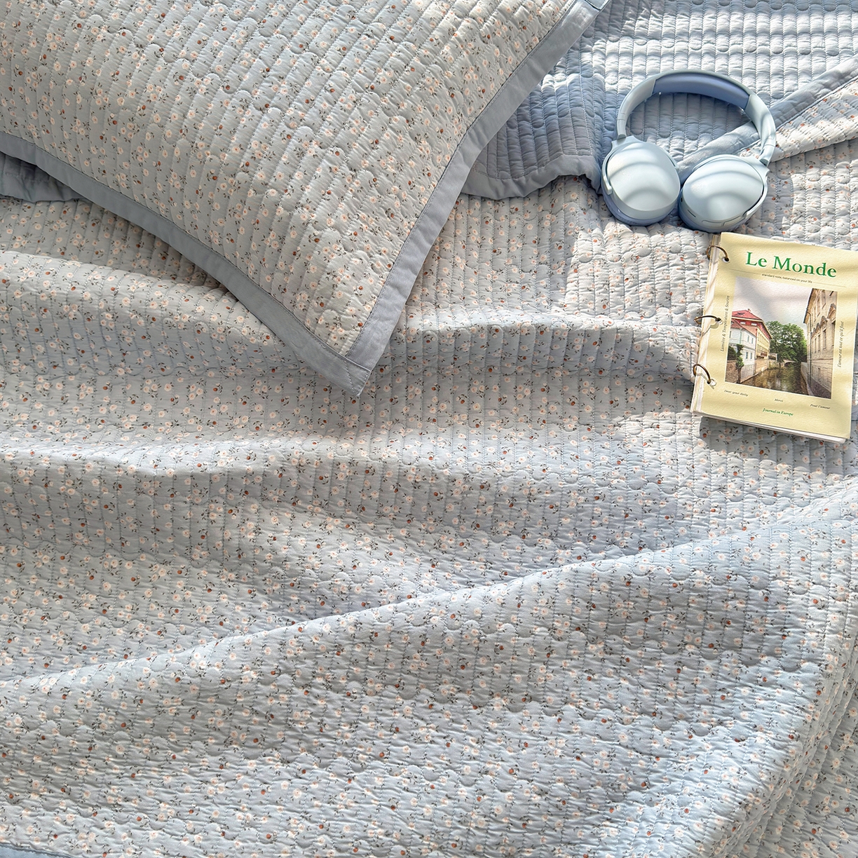 91家纺网 家纺一手货源 找家纺 美优兰 2026新款双面全棉高温砂洗床盖三件套 夕颜蓝