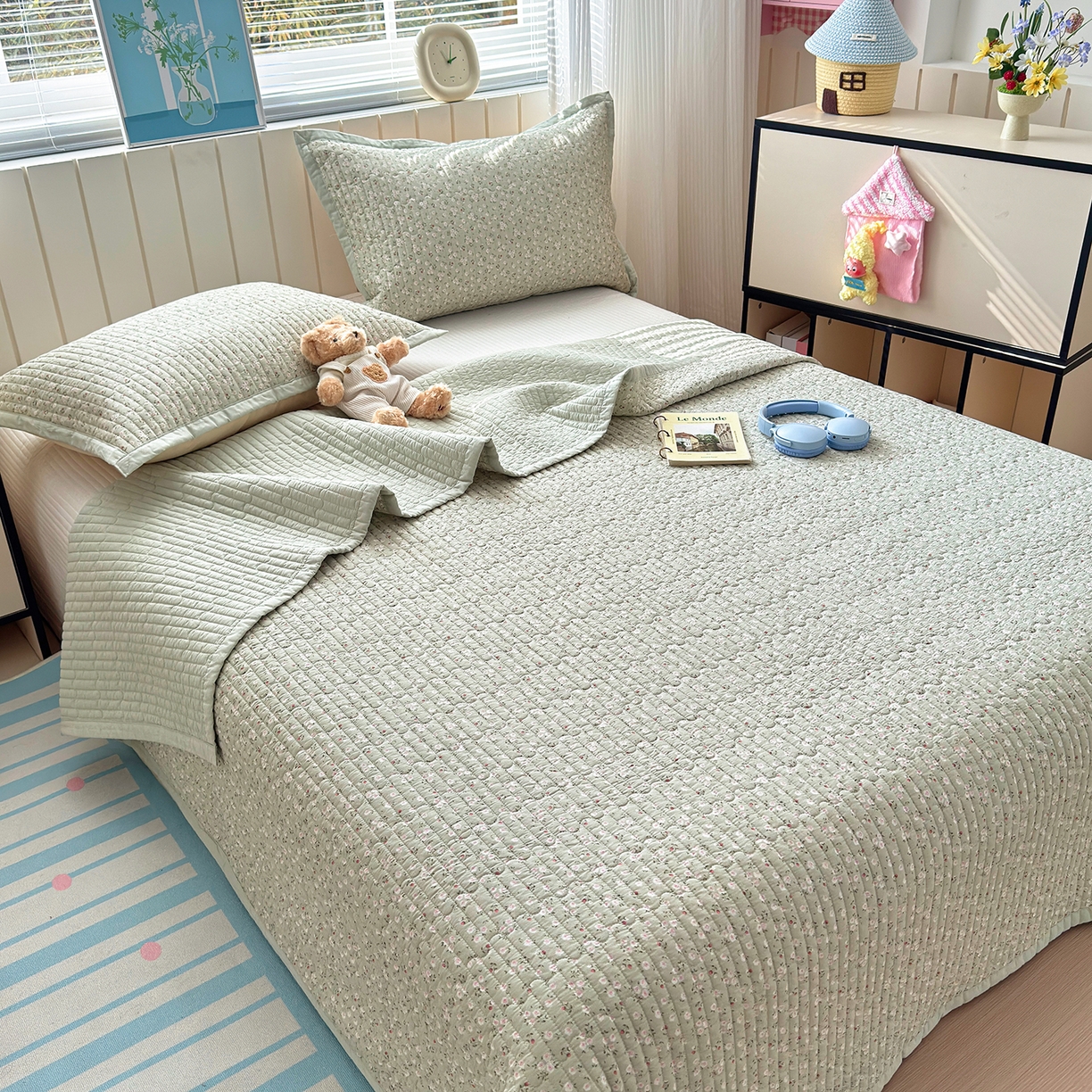 91家纺网 家纺一手货源 找家纺 美优兰 2026新款双面全棉高温砂洗床盖三件套 夕颜绿