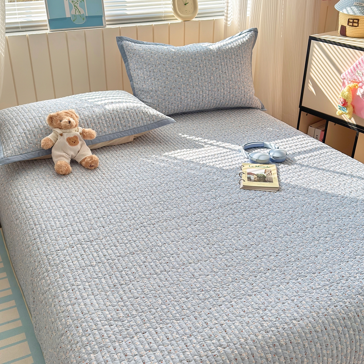 91家纺网 家纺一手货源 找家纺 美优兰 2026新款双面全棉高温砂洗床盖三件套 夕颜蓝