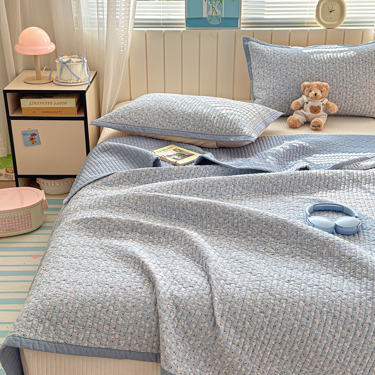 91家纺网 家纺一手货源 找家纺 美优兰 2026新款双面全棉高温砂洗床盖三件套 夕颜蓝