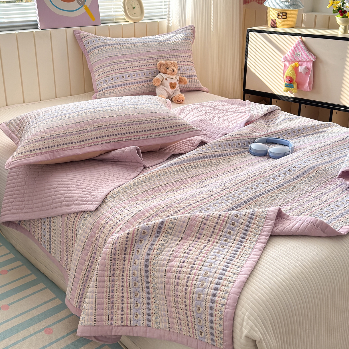 91家纺网 家纺一手货源 找家纺 美优兰 2026新款双面全棉高温砂洗床盖三件套 波西米亚