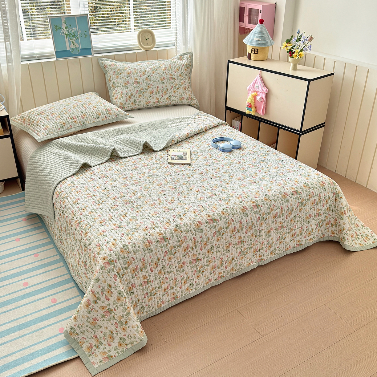 91家纺网 家纺一手货源 找家纺 美优兰 2026新款双面全棉高温砂洗床盖三件套 繁花似锦