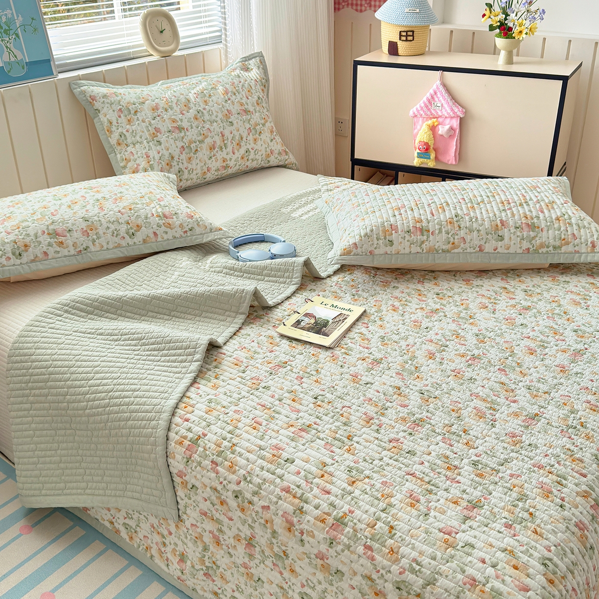 91家纺网 家纺一手货源 找家纺 美优兰 2026新款双面全棉高温砂洗床盖三件套 繁花似锦