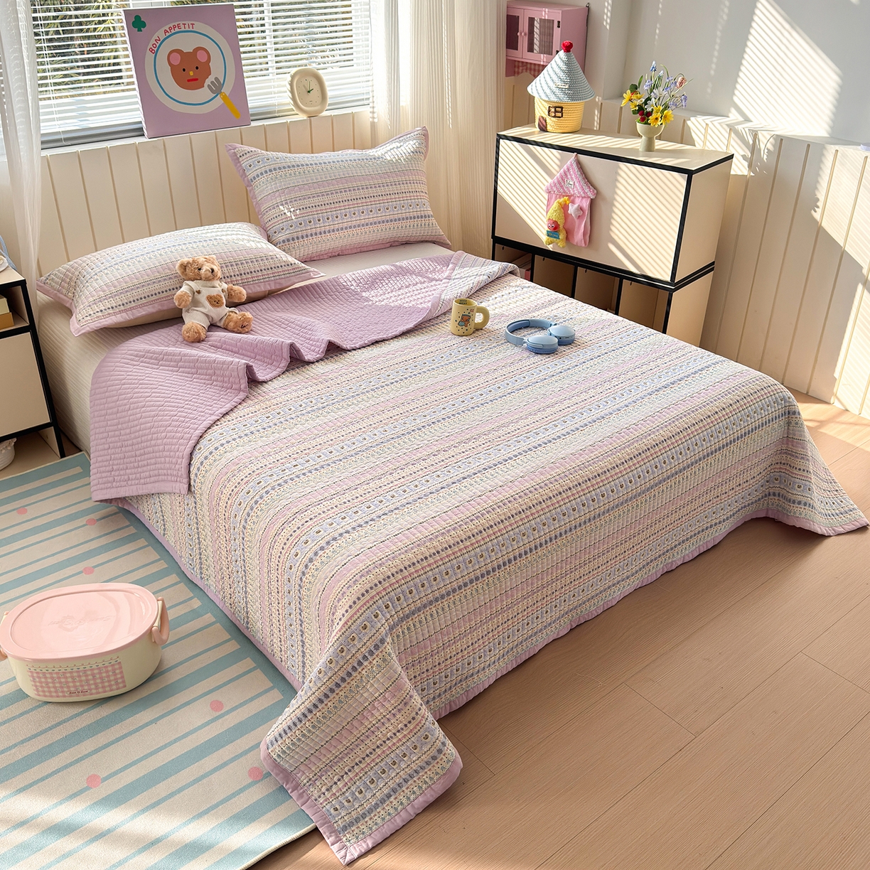 91家纺网 家纺一手货源 找家纺 美优兰 2026新款双面全棉高温砂洗床盖三件套 波西米亚