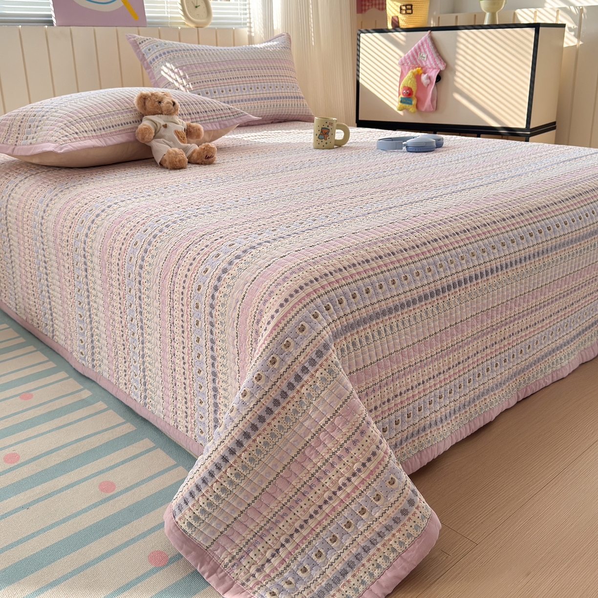 91家纺网 家纺一手货源 找家纺 美优兰 2026新款双面全棉高温砂洗床盖三件套 波西米亚