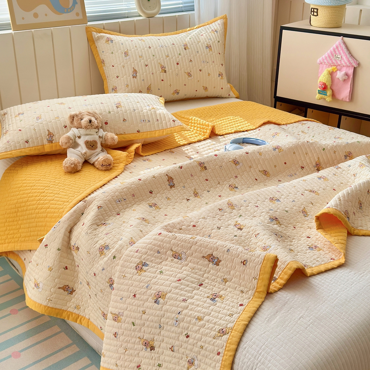 91家纺网 家纺一手货源 找家纺 美优兰 2026新款双面全棉高温砂洗床盖三件套 星星人