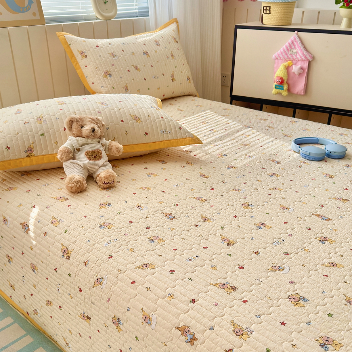 91家纺网 家纺一手货源 找家纺 美优兰 2026新款双面全棉高温砂洗床盖三件套 星星人