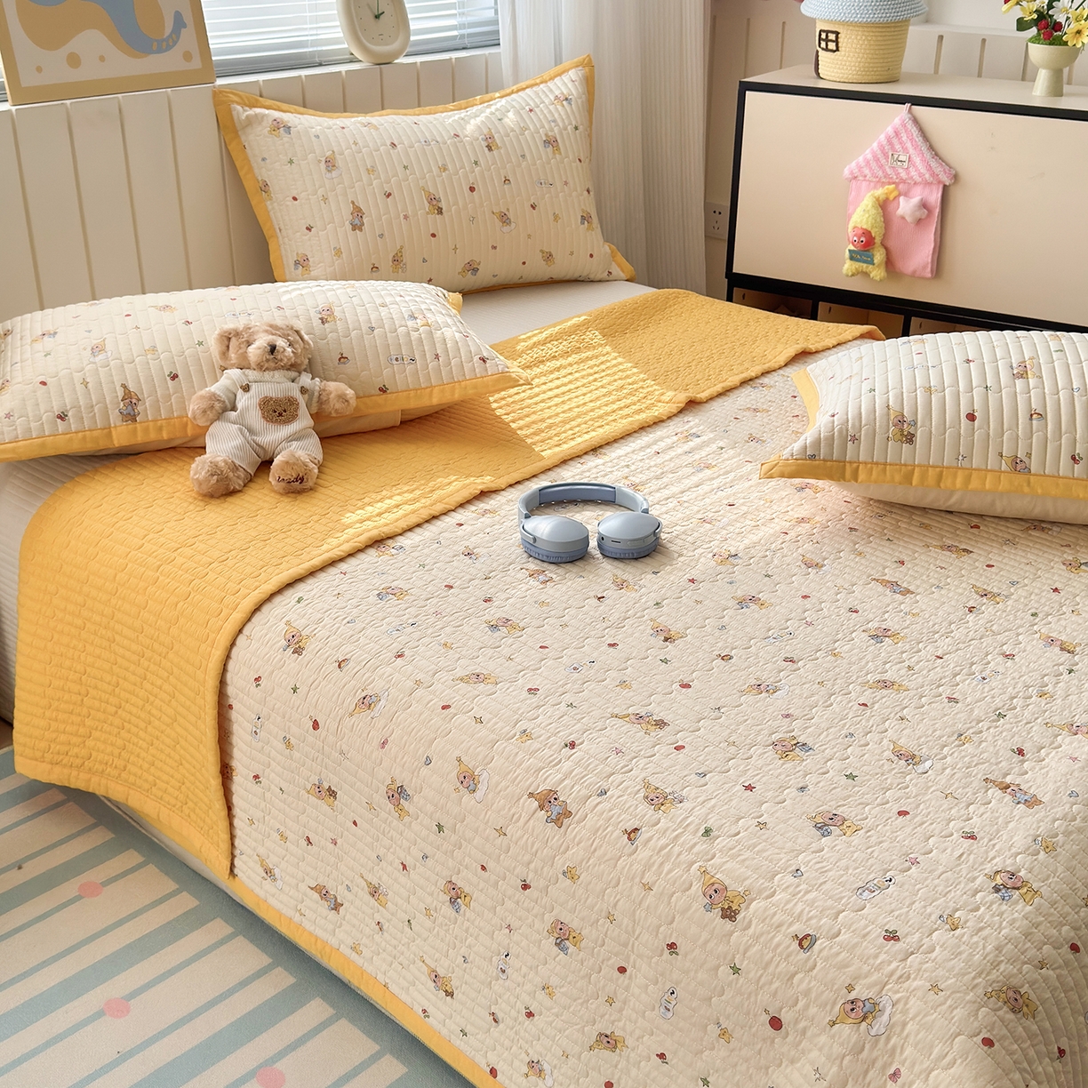 91家纺网 家纺一手货源 找家纺 美优兰 2026新款双面全棉高温砂洗床盖三件套 星星人