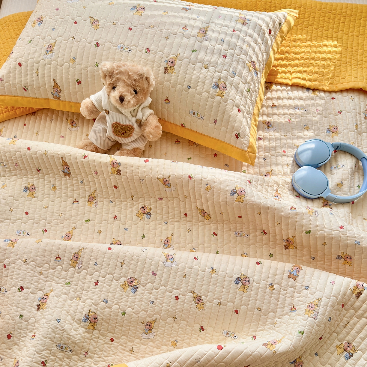 91家纺网 家纺一手货源 找家纺 美优兰 2026新款双面全棉高温砂洗床盖三件套 星星人