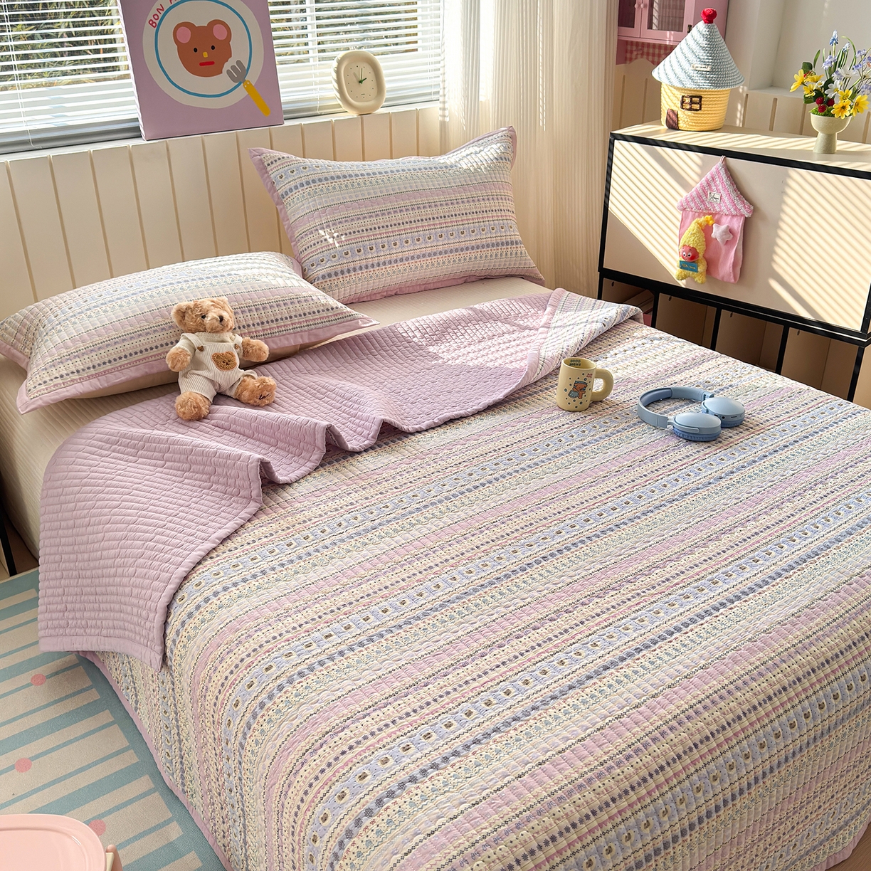 91家纺网 家纺一手货源 找家纺 美优兰 2026新款双面全棉高温砂洗床盖三件套 波西米亚