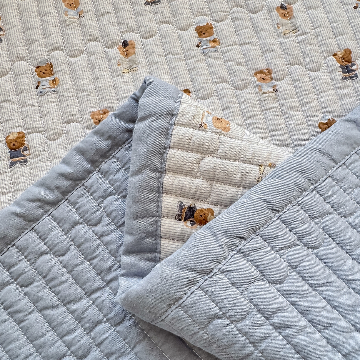 91家纺网 家纺一手货源 找家纺 美优兰 2026新款双面全棉高温砂洗床盖三件套 蓝色熊仔