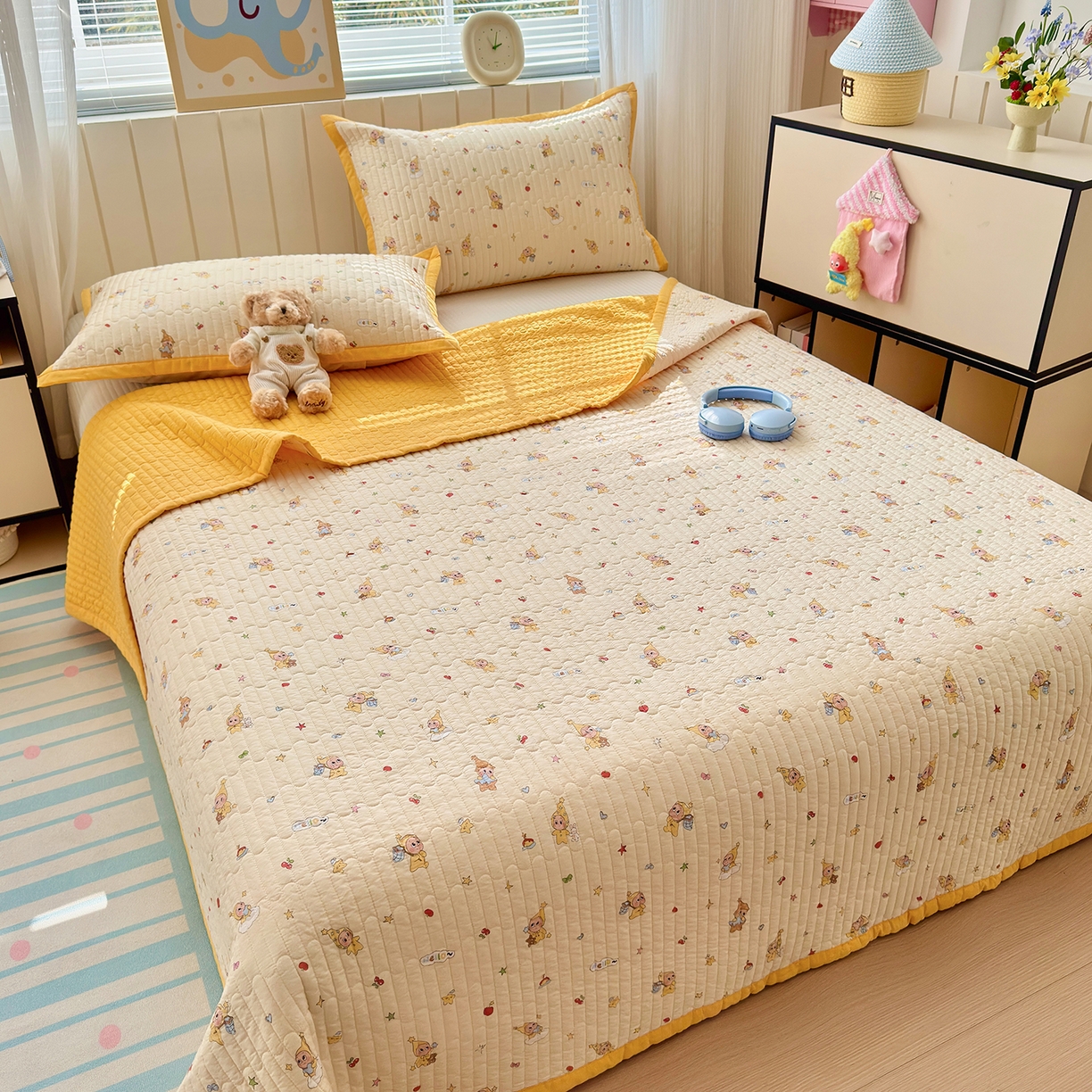 91家纺网 家纺一手货源 找家纺 美优兰 2026新款双面全棉高温砂洗床盖三件套 星星人