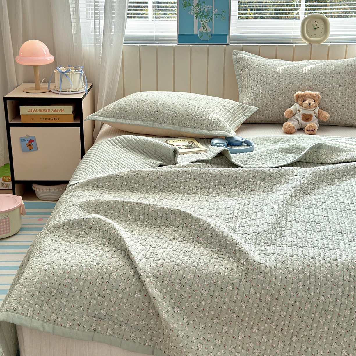 91家纺网 家纺一手货源 找家纺 美优兰 2026新款双面全棉高温砂洗床盖三件套 夕颜绿