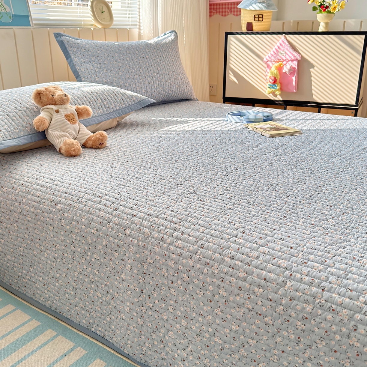 91家纺网 家纺一手货源 找家纺 美优兰 2026新款双面全棉高温砂洗床盖三件套 夕颜蓝