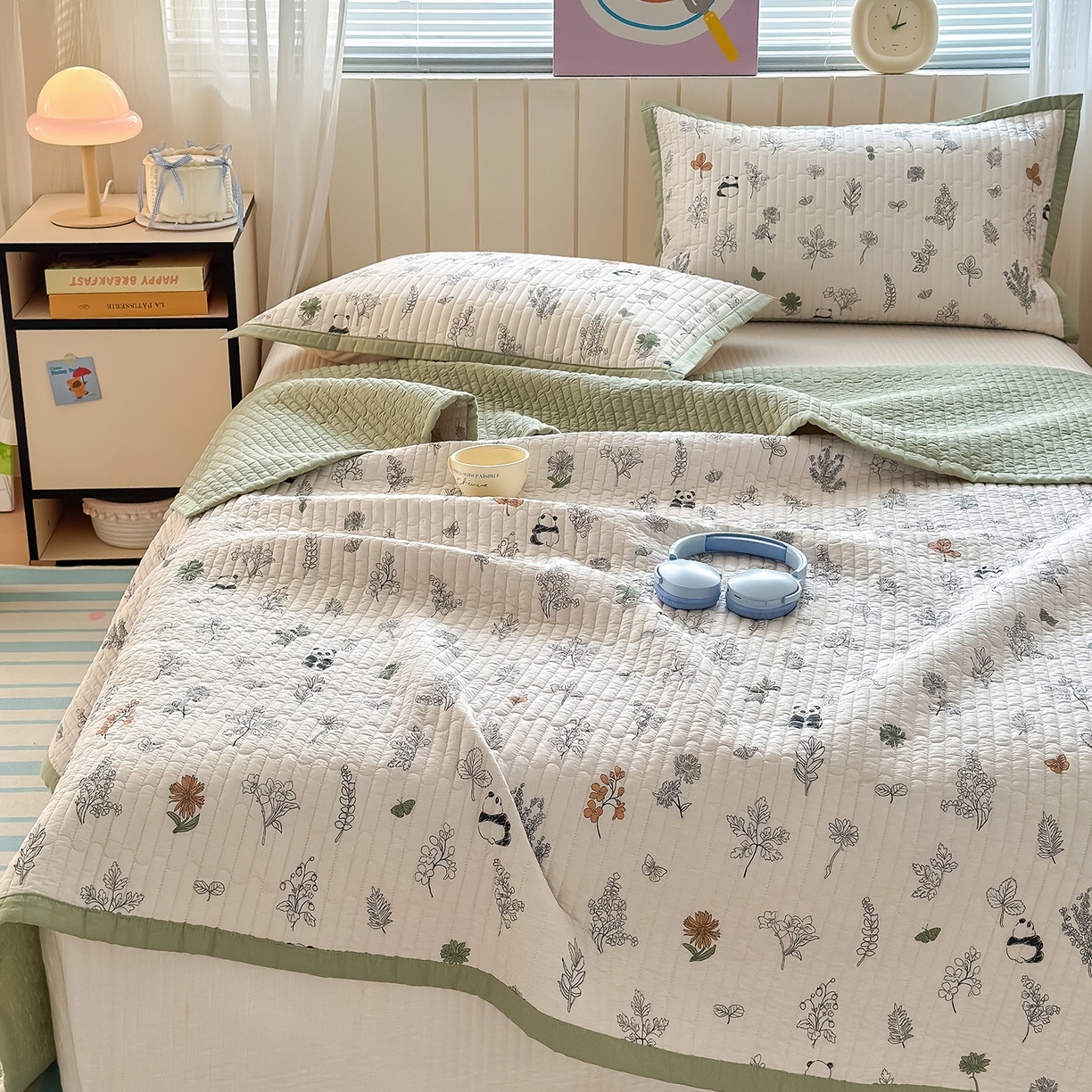 91家纺网 家纺一手货源 找家纺 美优兰 2026新款双面全棉高温砂洗床盖三件套 熊猫日记