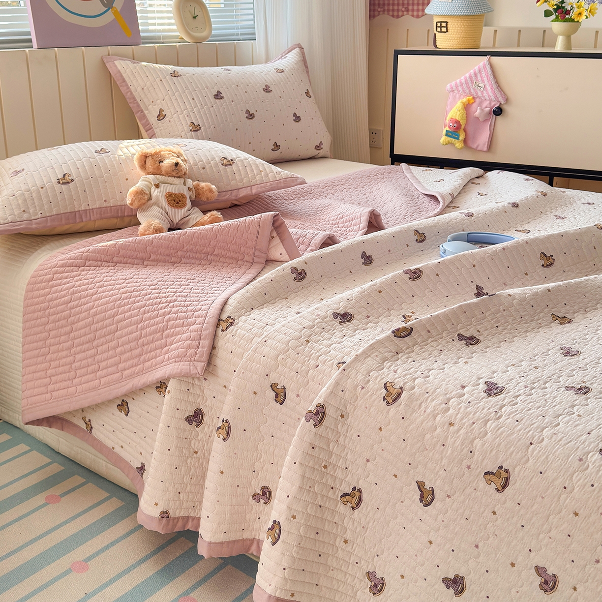 美优兰 2026新款双面全棉高温砂洗床盖三件套 粉色木马