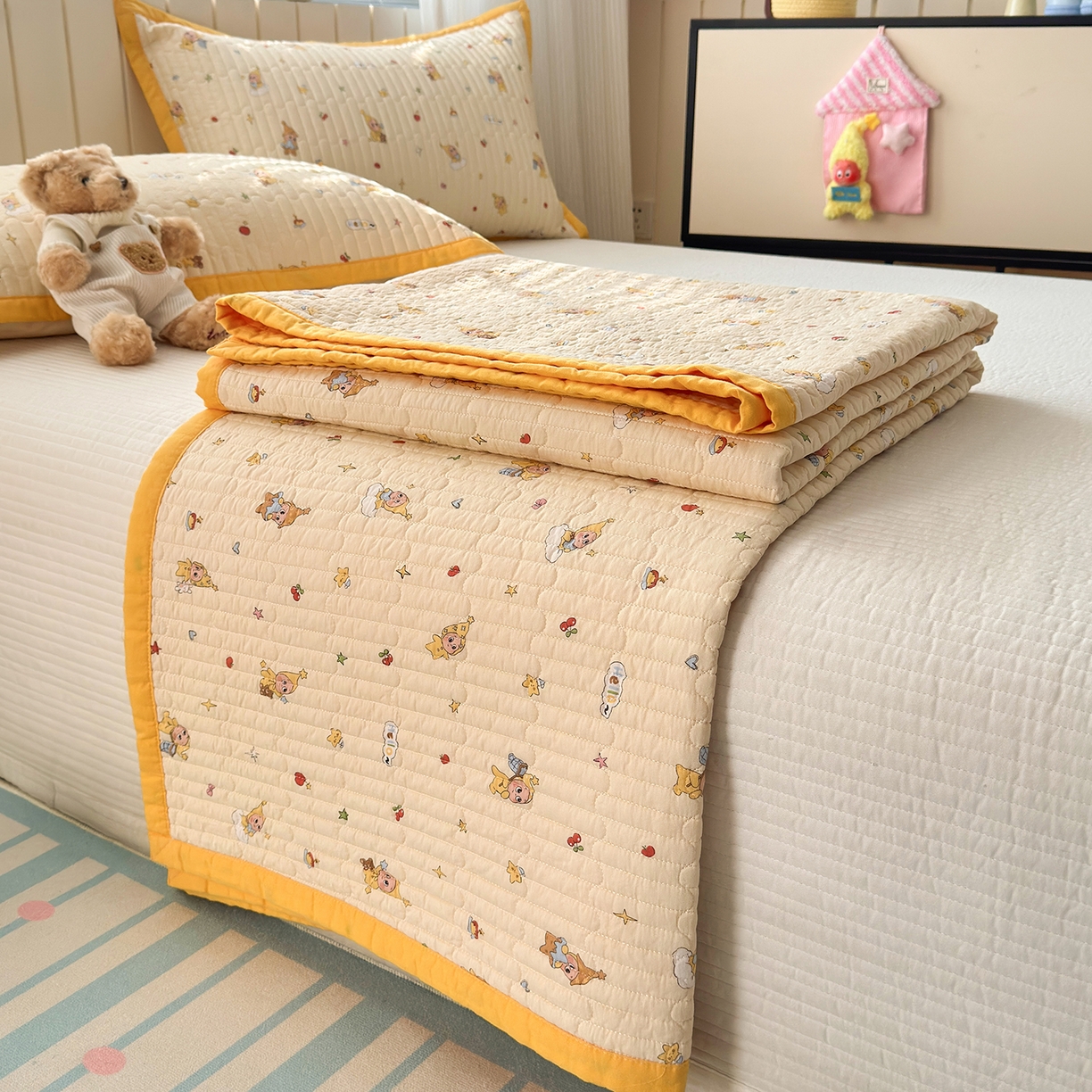 91家纺网 家纺一手货源 找家纺 美优兰 2026新款双面全棉高温砂洗床盖三件套 星星人