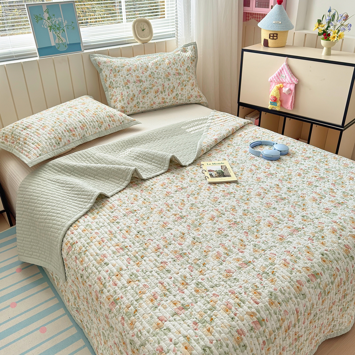 91家纺网 家纺一手货源 找家纺 美优兰 2026新款双面全棉高温砂洗床盖三件套 繁花似锦