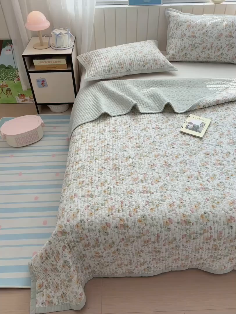 91家纺网 家纺一手货源 找家纺 美优兰 2026新款双面全棉高温砂洗床盖三件套 繁花似锦
