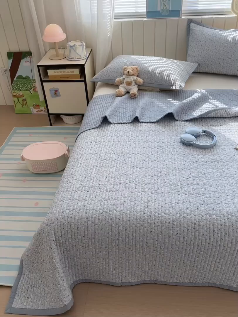 91家纺网 家纺一手货源 找家纺 美优兰 2026新款双面全棉高温砂洗床盖三件套 夕颜蓝