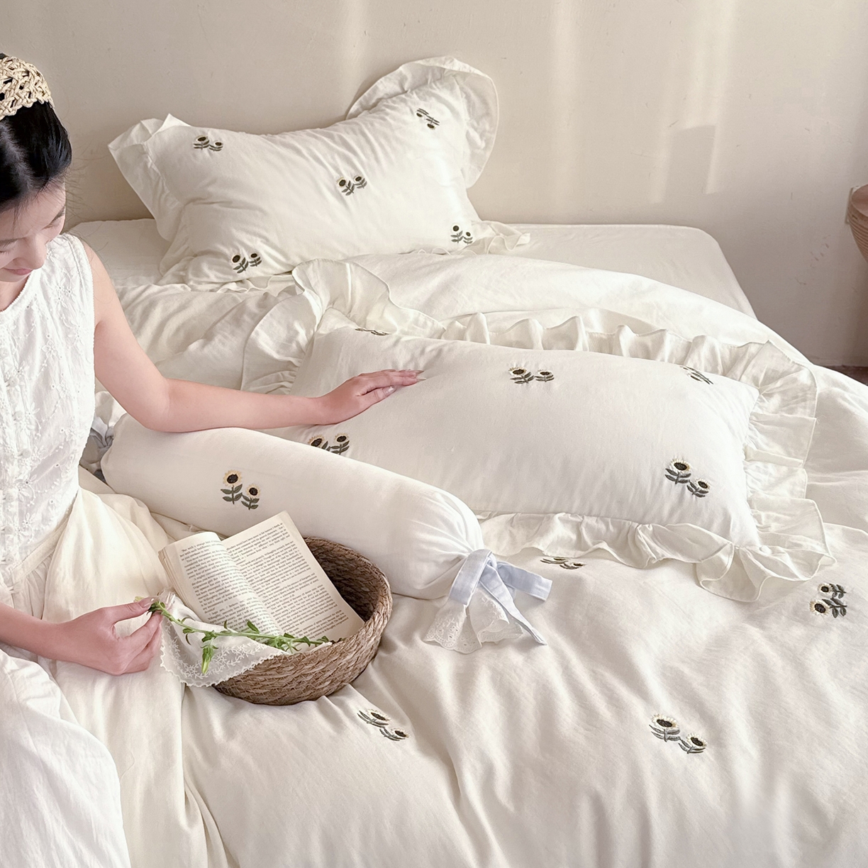 91家纺网 家纺一手货源 找家纺 （总）鹿班家居 2026春季新品全棉皱皱纱精密刺绣系列四件套-夏日浅梦（标准会员-20元）