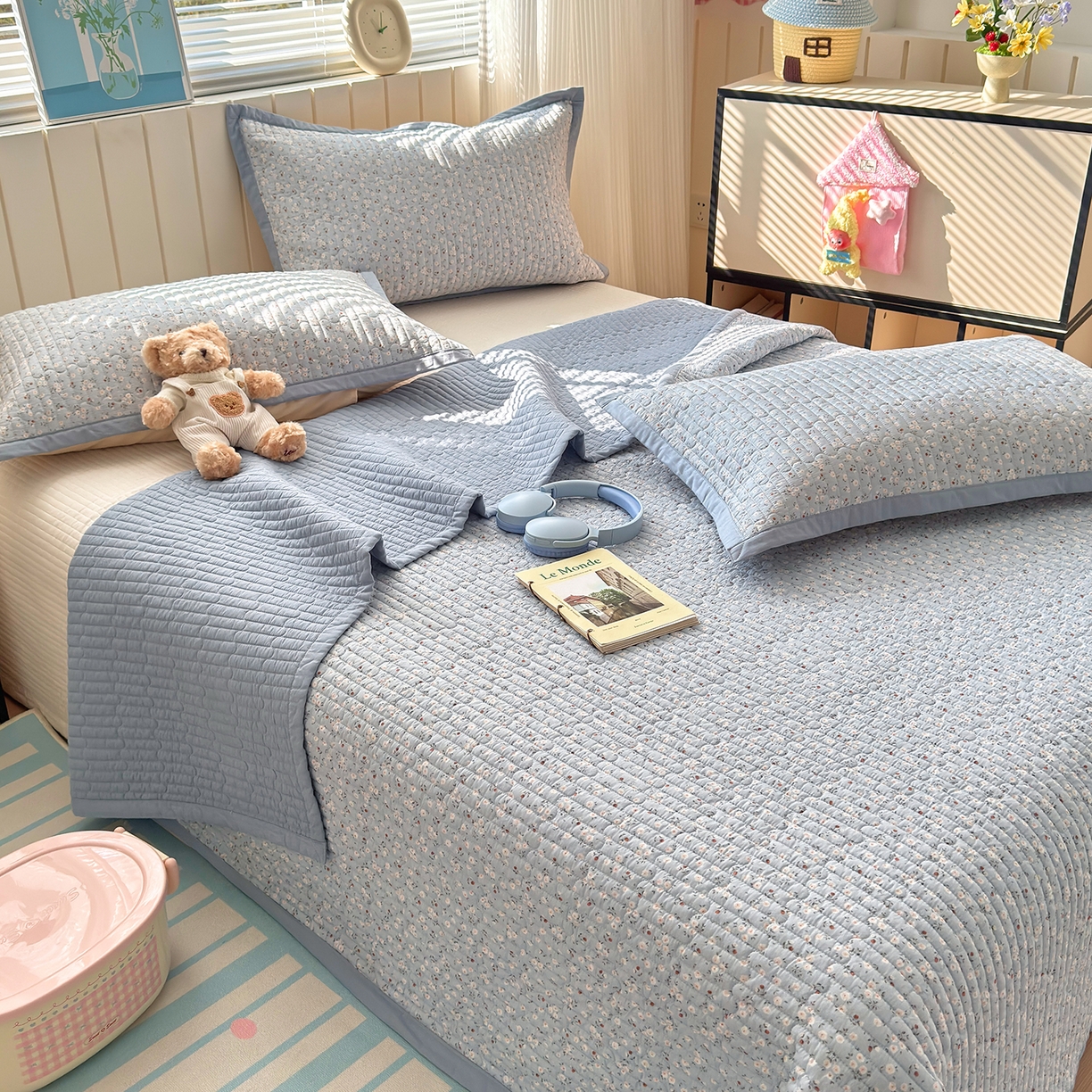 91家纺网 家纺一手货源 找家纺 美优兰 2026新款双面全棉高温砂洗床盖三件套 夕颜蓝