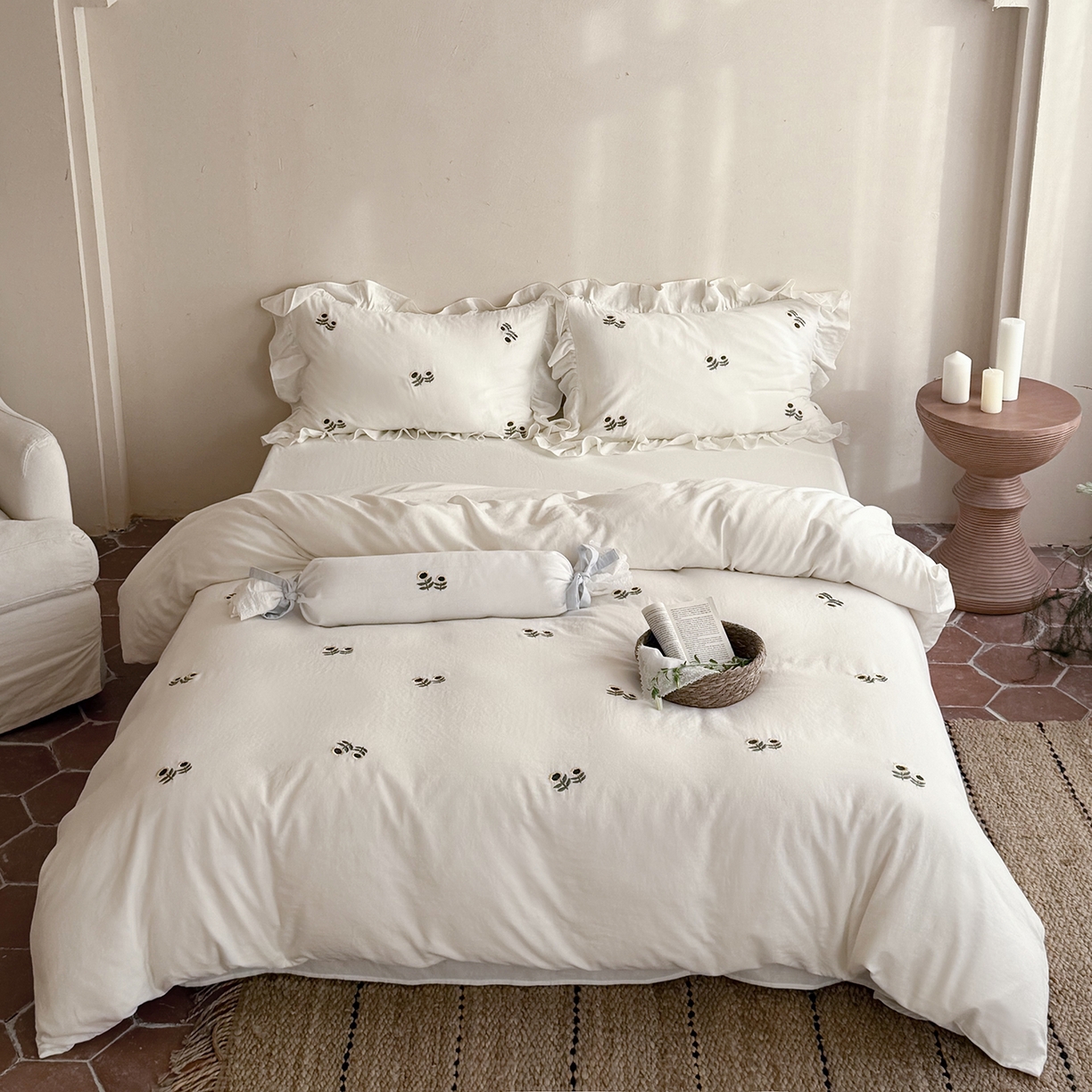 91家纺网 家纺一手货源 找家纺 鹿班家居 2026春季新品全棉皱皱纱精密刺绣系列四件套-夏日浅梦（标准会员-20元） 夏日浅梦-白色