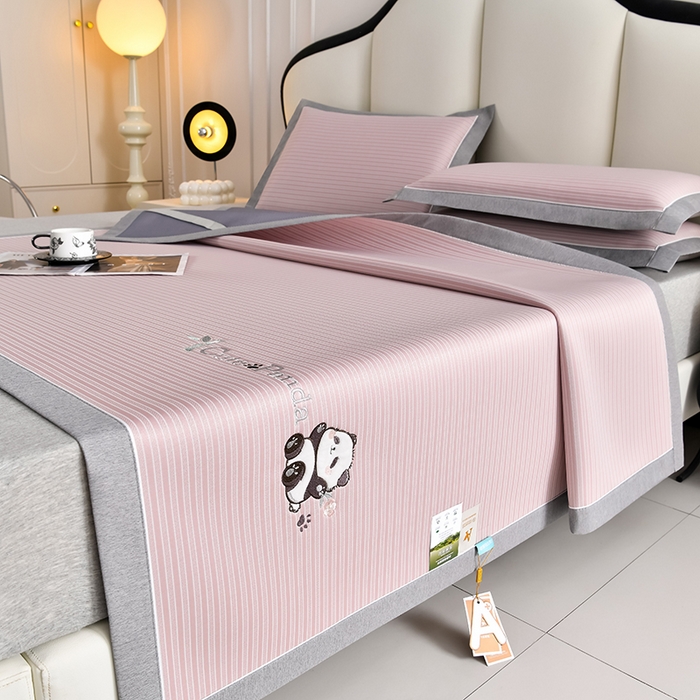 91家纺网 家纺一手货源 找家纺 小牛席业 2026新款经典条纹熊猫凉感冰丝席凉席席子 系列 粉色