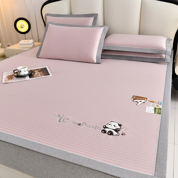 91家纺网 家纺一手货源 找家纺 小牛席业 2026新款经典条纹熊猫凉感冰丝席凉席席子 系列 粉色