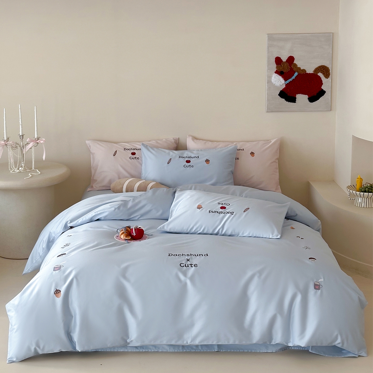 91家纺网 家纺一手货源 找家纺 极简 2026新款100S长绒棉刺绣四件套-趣味人生系列（模特版） 趣味人生-蓝