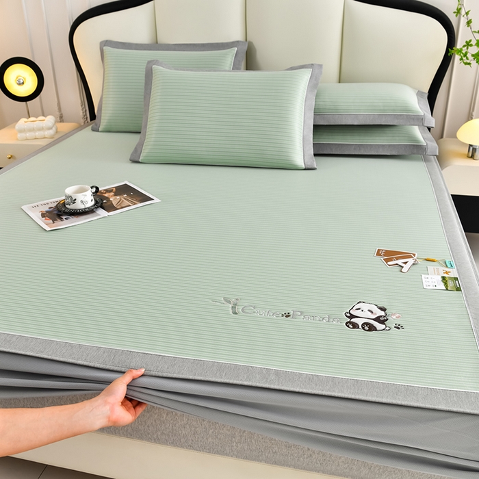 91家纺网 家纺一手货源 找家纺 小牛席业 2026新款PE经典条纹-熊猫冰丝席（床笠款） 绿色