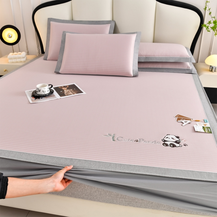 小牛席业 2026新款PE经典条纹-熊猫冰丝席（床笠款） 粉色