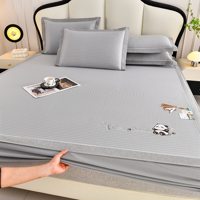 小牛席业 2026新款PE经典条纹-熊猫冰丝席（床笠款） 灰色
