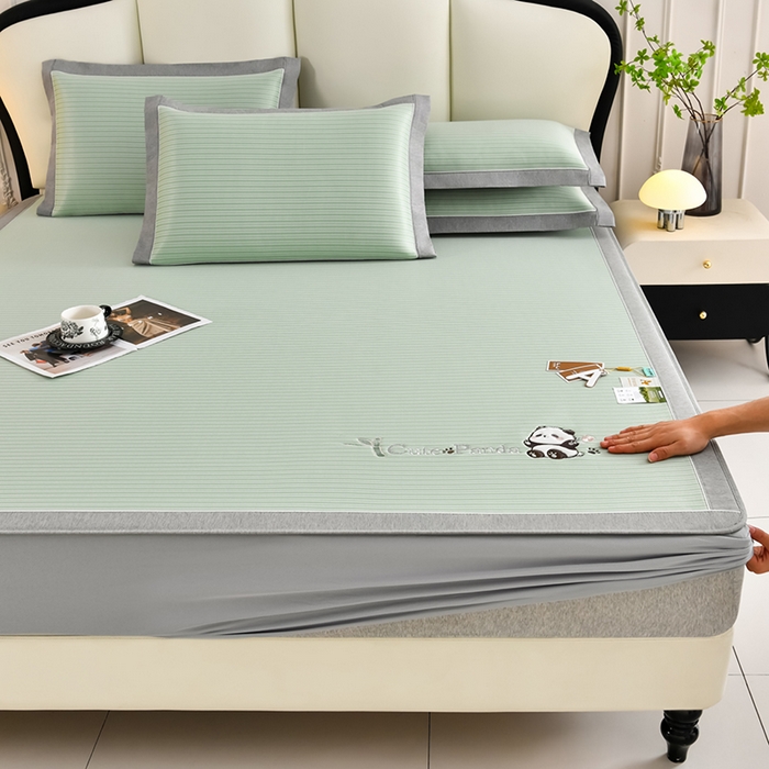 91家纺网 家纺一手货源 找家纺 小牛席业 2026新款PE经典条纹-熊猫冰丝席（床笠款） 绿色