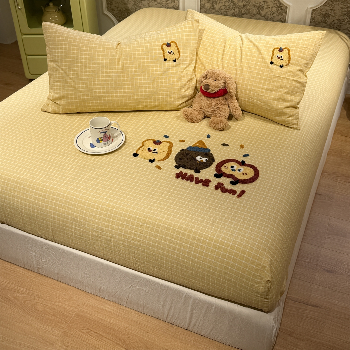 91家纺网 家纺一手货源 找家纺 珺柔家纺 2026新款色织全棉水洗棉毛巾绣床笠 小曲奇