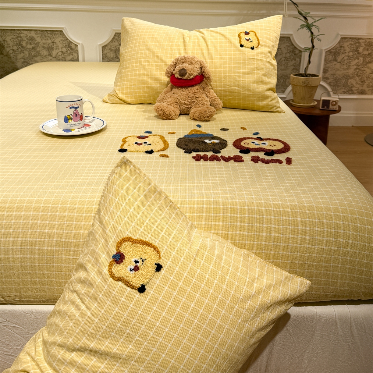 91家纺网 家纺一手货源 找家纺 珺柔家纺 2026新款色织全棉水洗棉毛巾绣床笠 小曲奇