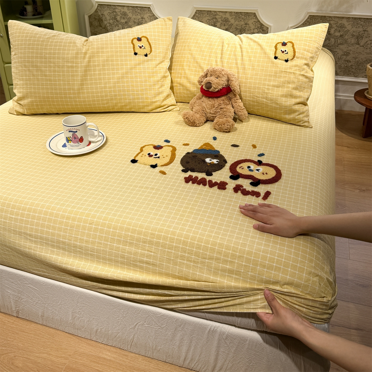 91家纺网 家纺一手货源 找家纺 珺柔家纺 2026新款色织全棉水洗棉毛巾绣床笠 小曲奇