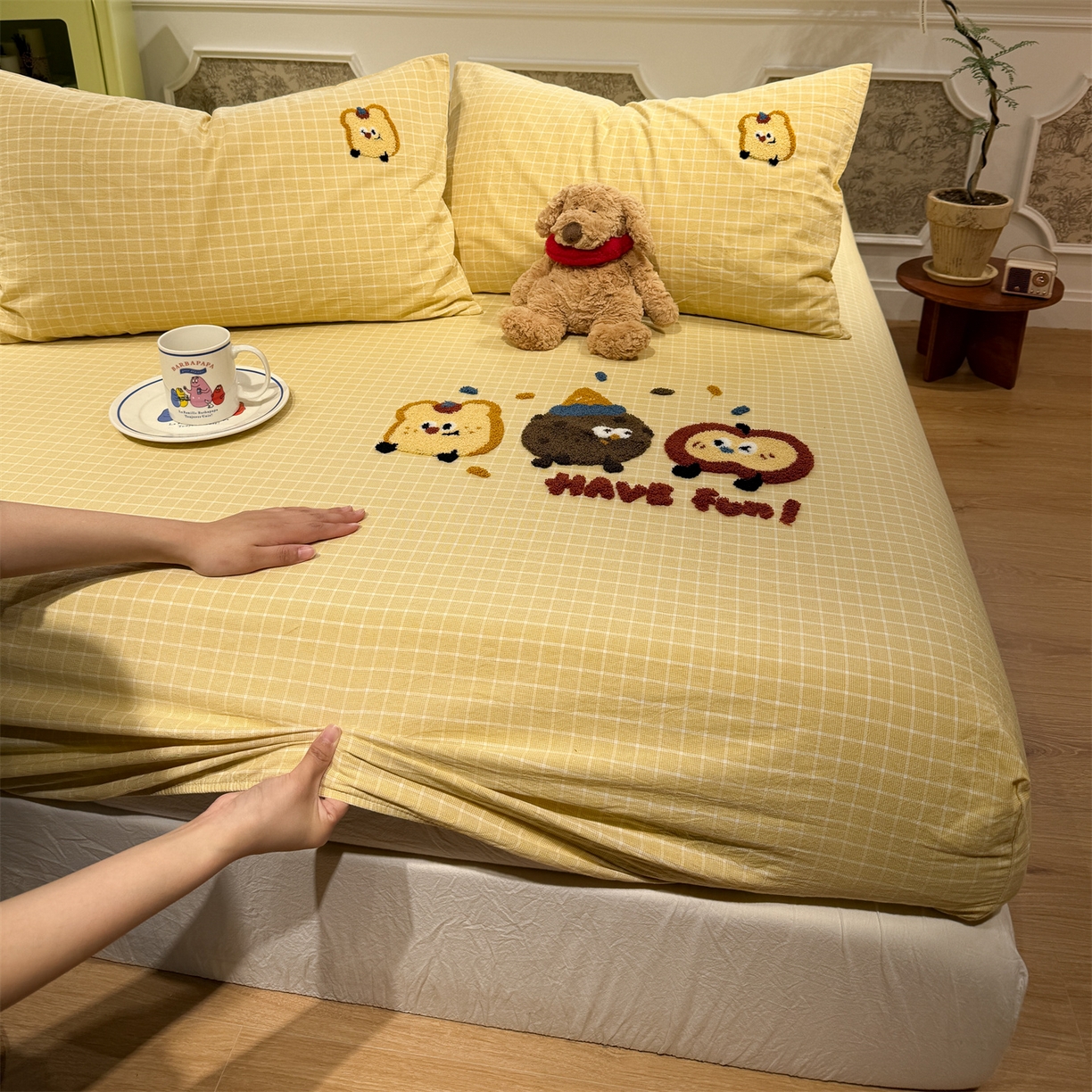 91家纺网 家纺一手货源 找家纺 珺柔家纺 2026新款色织全棉水洗棉毛巾绣床笠 小曲奇