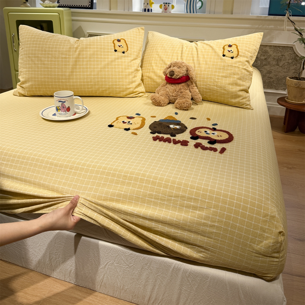 91家纺网 家纺一手货源 找家纺 珺柔家纺 2026新款色织全棉水洗棉毛巾绣床笠 小曲奇