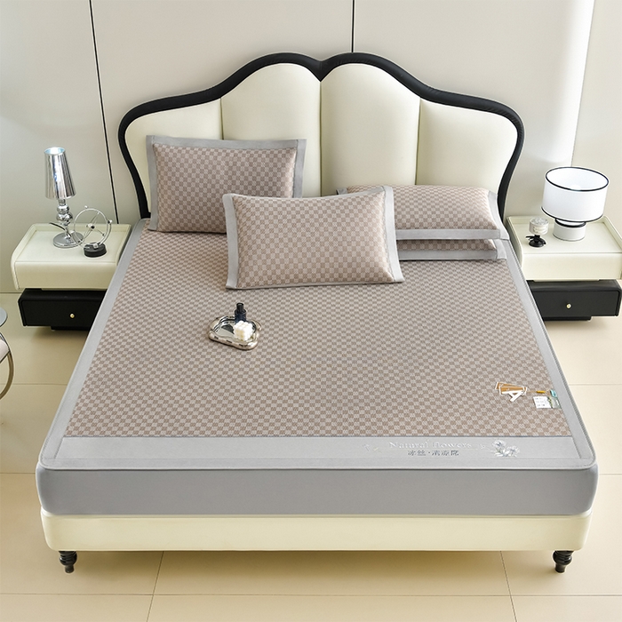 91家纺网 家纺一手货源 找家纺 小牛席业 2026新款棋盘格-冰丝清凉席 凉席席子系列（床笠款） 咖色